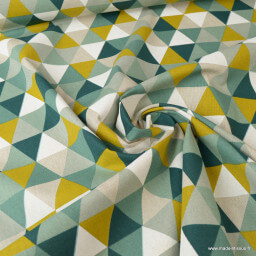 Tissu toile aspect lin motifs géométriques vert - Oeko tex