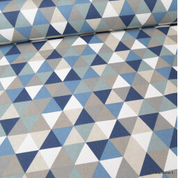 Tissu toile aspect lin motifs géométriques bleu - Oeko tex