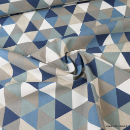 Tissu toile aspect lin motifs géométriques bleu - Oeko tex