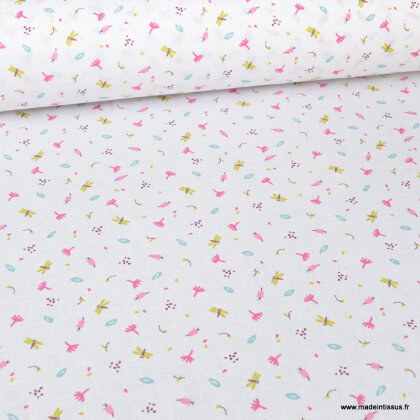 Tissu oeko tex en coton motifs papillons et fleursFuchsia et menthe - Jeiade