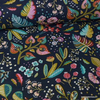 Tissu coton Enduit Ancolie motifs fleurs ardoise -  Oeko tex