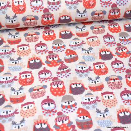 Tissu coton imprimé hiboux des neiges coloris Lin et rouge - oeko tex