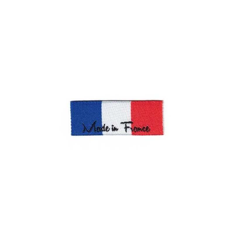 Étiquette tissée bleu, blanc rouge avec message Made In France