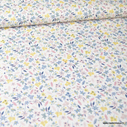 Tissu style Liberty Imélia Bleu, jaune et rose - Oeko tex