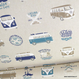 Tissu toile aspect lin motifs Vans et combis Volkswagen - Oeko tex