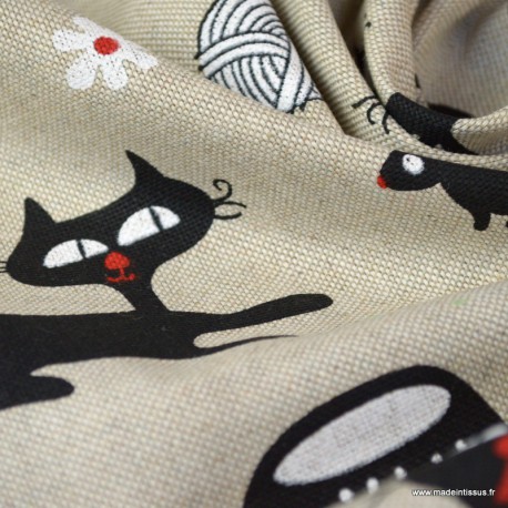 Tissu Coton Popeline Chats Et Pattes De Chat - Fond Noir, 50x80 Cm