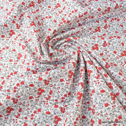Tissu coton motifs fleurs Léonie beige et rouge - Oeko tex