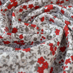 Tissu coton motifs fleurs Léonie beige et rouge - Oeko tex