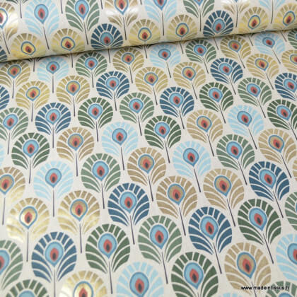 Tissu toile aspect lin motifs plumes de Paon canard et or Foil