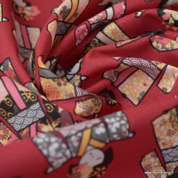 Tissu coton motifs Geishas japonais Rouge - oeko tex