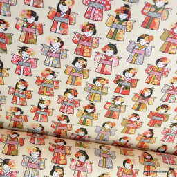 Tissu coton motifs Geishas japonais ivoire - oeko tex