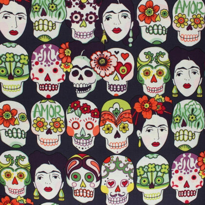 Tissu Popeline coton imprimé têtes de morts "Gotas del Amor" fond Aubergine par Alexander Henry