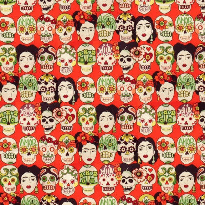 Tissu Popeline coton imprimé têtes de morts "Gotas del Amor" fond Rouge par Alexander Henry