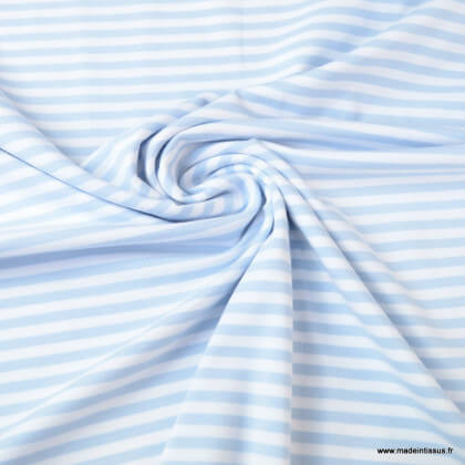 Tissu jersey à rayures  type marinière bleu ciel et blanc - Oeko tex