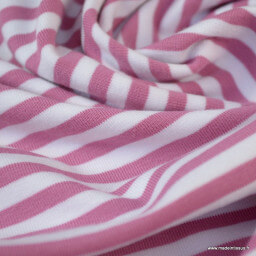 Tissu jersey à rayures  type marinière Vieux rose et blanc - Oeko tex