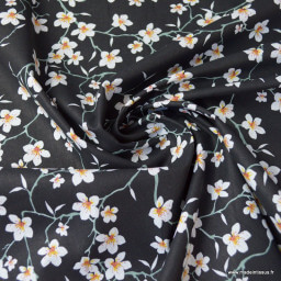 Tissu coton imprimé fleurs Amandier fond Noir - Oeko tex