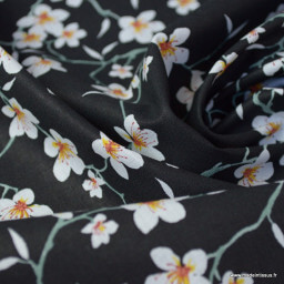 Tissu coton imprimé fleurs Amandier fond Noir - Oeko tex