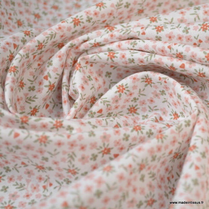 Tissu coton imprimé fleurs Rose thé et Thym - Oeko tex