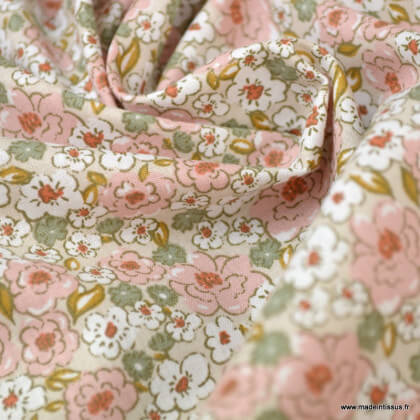 Tissu coton imprimé fleurs Kalmia Rose thé et Thym - Oeko tex