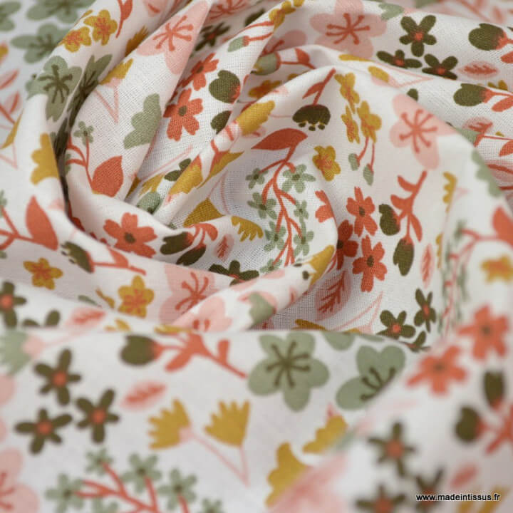 Tissu coton imprimé petites fleurs Rose thé et Thym -  Oeko tex - Motif Milly