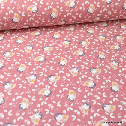Tissu coton Kidia motifs chouettes fond Pêche - Oeko tex