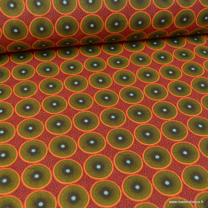 Tissu coton motifs ronds wax fond Rouge - oeko tex