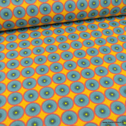 Tissu coton motifs ronds wax fond Jaune - oeko tex