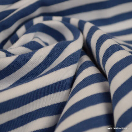 Tissu jersey à rayures  type marinière Indigo et blanc - Oeko tex