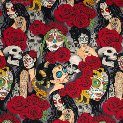 Tissu Popeline coton imprimé têtes de morts "Nocturna" par Alexander Henry