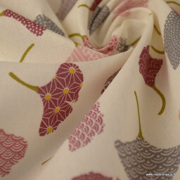 Tissu coton imprimé feuilles de Ginkgo Rose fond Ivoire - Oeko tex