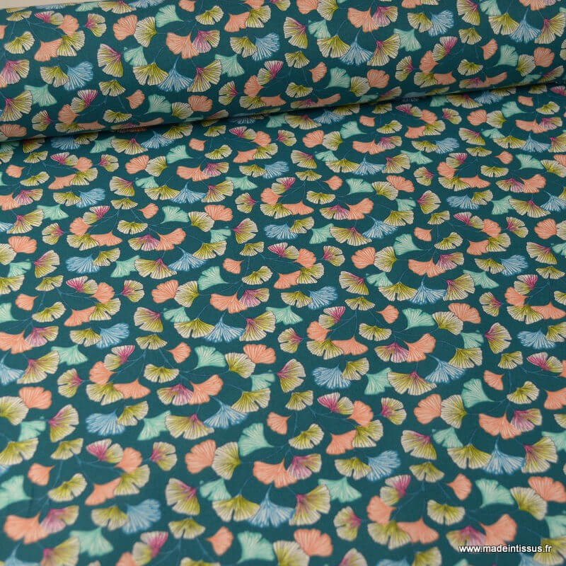 Coton à motifs - Grandes feuilles de ginkgo Multicolores