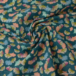 Tissu coton imprimé feuilles de Ginkgo Aphrodite fond Emeraude - Oeko tex