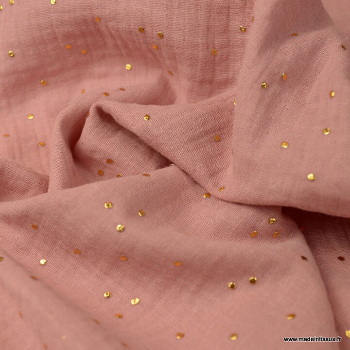 Tissu Double gaze coton Glitter à pois or coloris Rose Thé - oeko tex