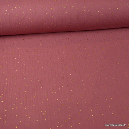 Tissu Double gaze coton Glitter à pois or coloris Framboise - oeko tex