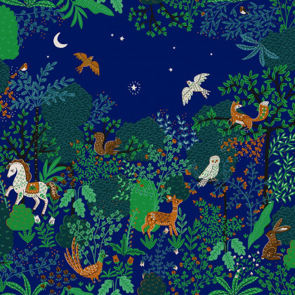 Tissu toile aspect lin motifs Forêt fond pétrole - Oeko tex