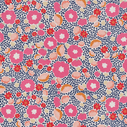 Tissu toile aspect lin motifs fleurs rose et marine - Oeko tex