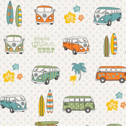 Tissu toile aspect lin motifs Vans et combis orange et vert Volkswagen - Oeko tex
