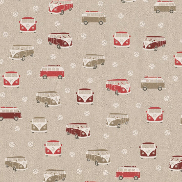 Tissu toile aspect lin motifs Vans et combis rouge Volkswagen - Oeko tex