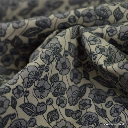 Tissu coton popeline motifs fleurs anthracite fond gris