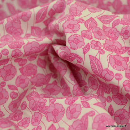 Tissu coton popeline motifs fleurs rose fond écru