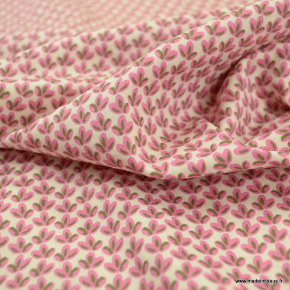Tissu coton popeline motifs fleurs de Lys rose fond écru