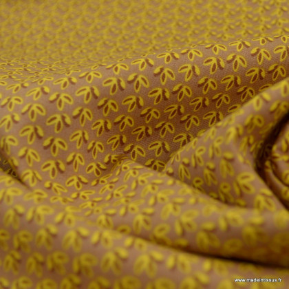 Tissu coton popeline motifs fleurs de Lys jaune fond Ocre