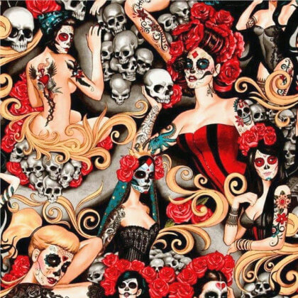 Tissu Popeline coton imprimé têtes de morts "Las Elegantes" par Alexander Henry
