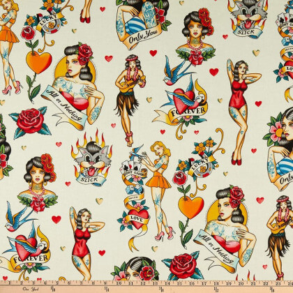 Tissu Popeline coton motifs Pin up Collection "Don't gamble with Love" par Alexander Henry