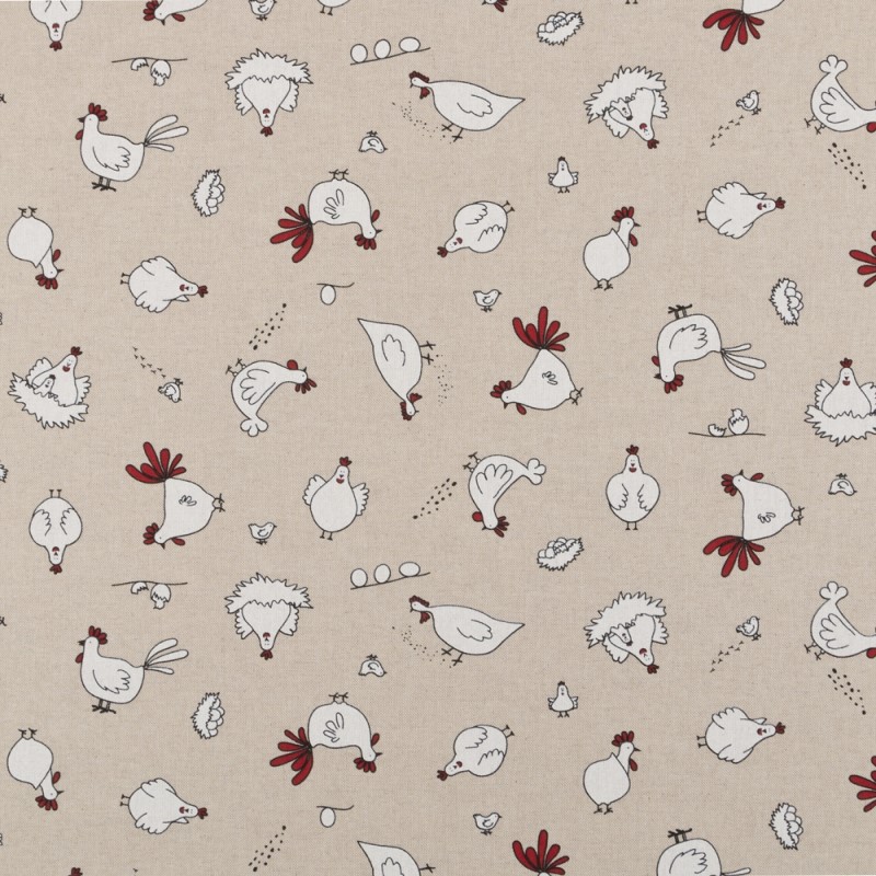 Tissu Coton Français Motif Coqs & Poules - 160cm De Large, 140g/m² - Naturel/Rouge Sur Beige Gris