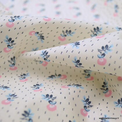 Tissu coton Salomé motifs fleurs roses - oeko tex