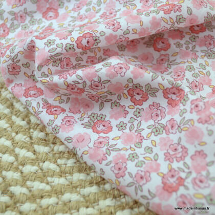 Voile de coton Bio Gots & oeko tex motifs fleurs roses et menthe