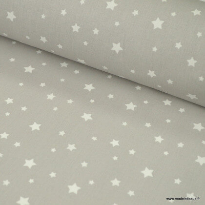 Tissu coton Enduit motifs étoiles fond gris -  Oeko tex