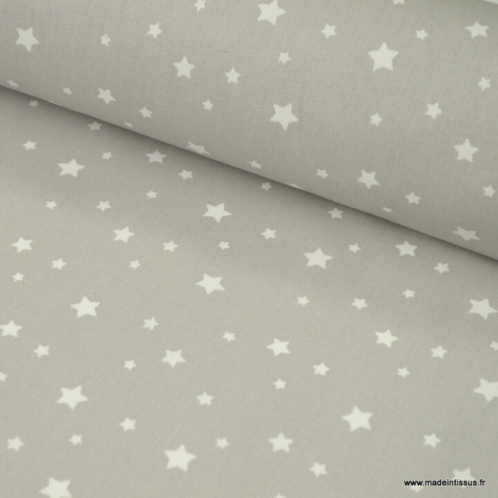 Tissu coton oeko tex imprimé étoiles grises au mètre