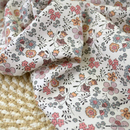 Sergé de coton Bio Gots & oeko tex motifs fleurs d'automne fond écru